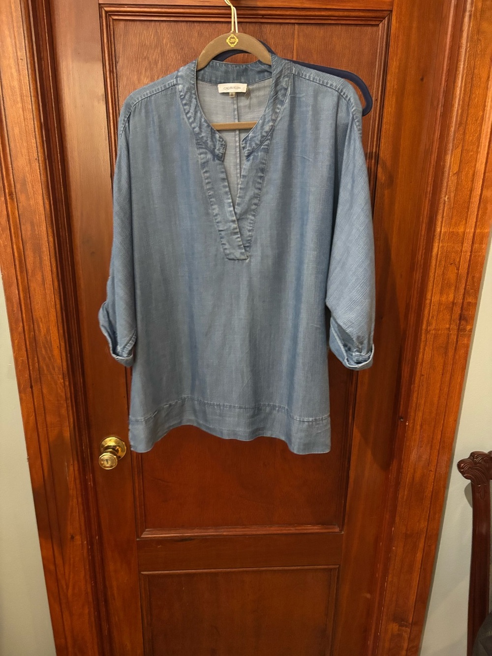 Calvin Klein Chambray Denim Tunic Top Soft Split V-Neck Roll Tab Sleeve XL